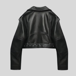 Belted Zip-Up Biker Style Cropped Moto Jacket