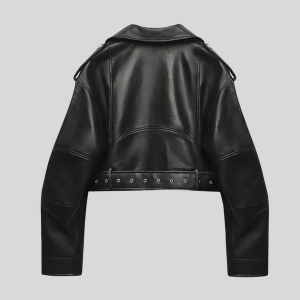 Belted Zip-Up Biker Style Cropped Moto Jacket