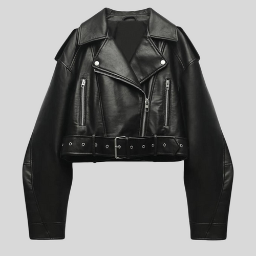 Belted Zip-Up Biker Style Cropped Moto Jacket