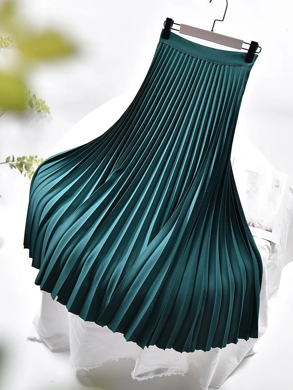Elegant Pleated Elastic Waist Midi Skirt