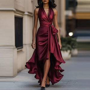 Vestido largo asimétrico de noche para mujer con hombros descubiertos