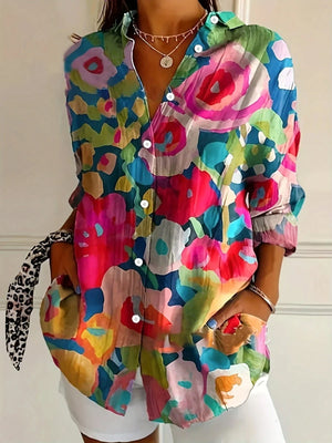 Women's Colorful Artistic Print Button-Up Blouse
