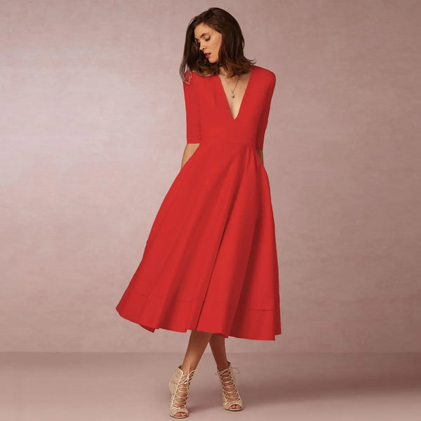 Women's V-Neck A-Line Fit Midi Dress