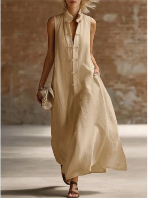Vestido camisero largo holgado para mujer con cuello mao