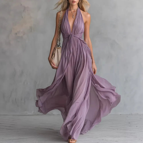 Women's Bohemian Halter  Maxi Dress with Deep V-Neckline