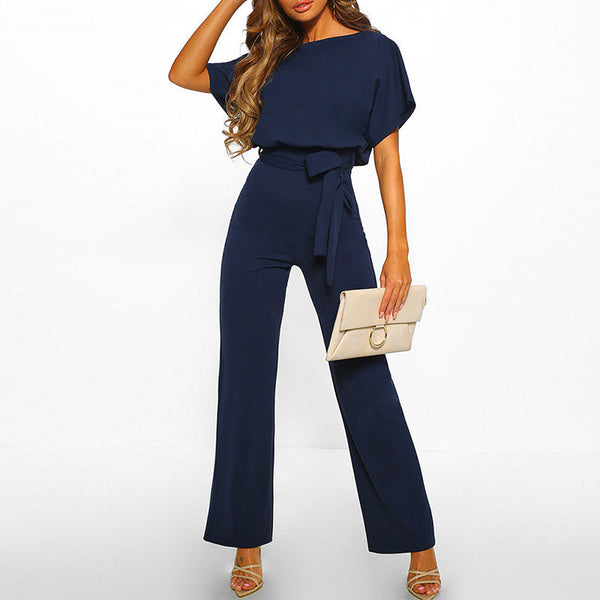 Belted Wide Leg Short Sleeve Women's Jumpsuit
