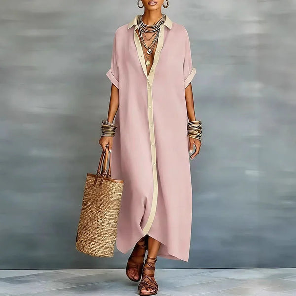 Women's Short Sleeve Button-Down Shirt Maxi Dress