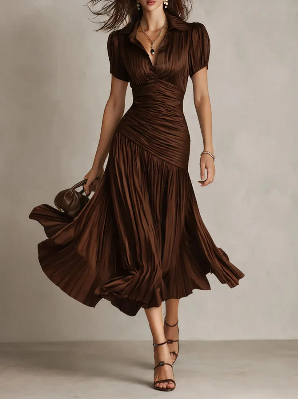 Women's Ruched Waist Flowy Pleated Midi Dress