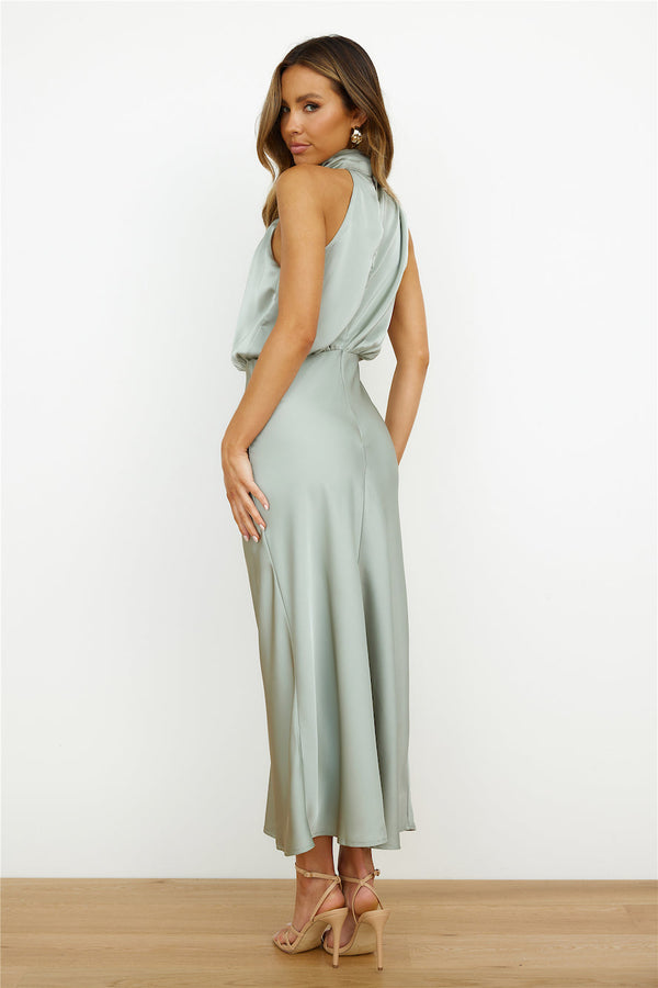 Women's Satin Halter Neck Asymmetric Midi Dress