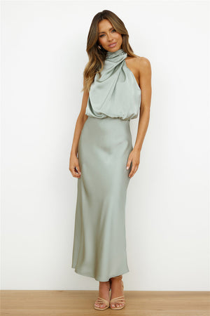 Women's Satin Halter Neck Asymmetric Midi Dress