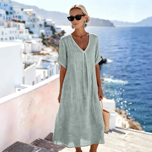 Vestido midi informal holgado para mujer con escote en V