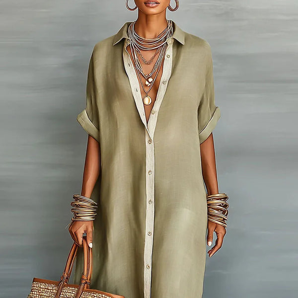 Women's Short Sleeve Button-Down Shirt Maxi Dress