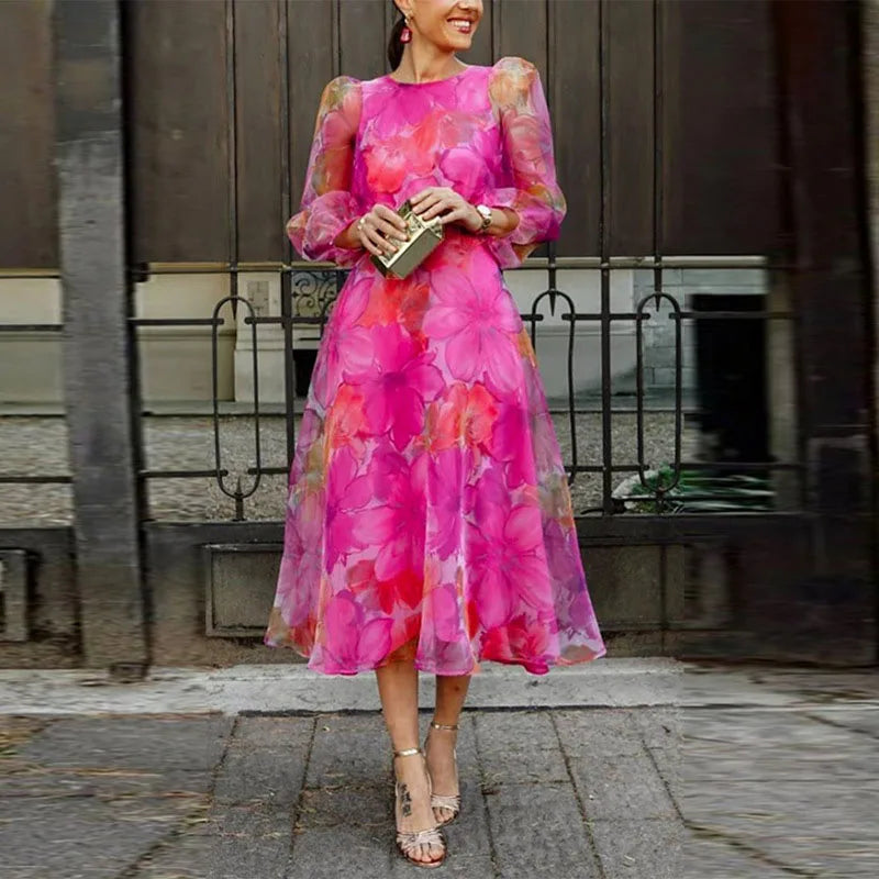 Women's Romantic Floral Mesh Midi Dress with Long Puff Sleeve