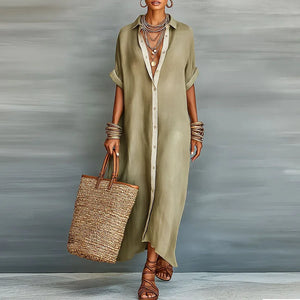 Women's Short Sleeve Button-Down Shirt Maxi Dress
