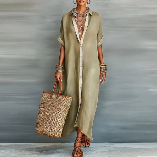 Women's Short Sleeve Button-Down Shirt Maxi Dress