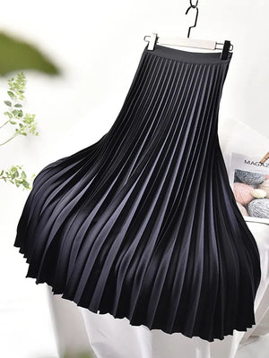 Elegant Pleated Elastic Waist Midi Skirt