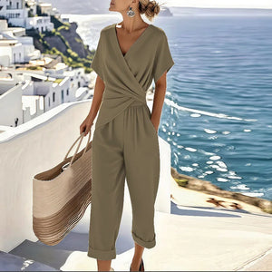 Women's Casual V Neck Short Sleeve Jumpsuit