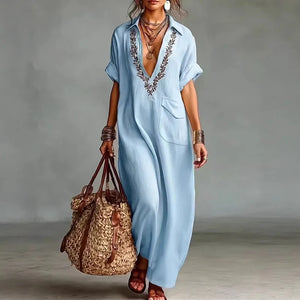 Women's Bohemian Loose-Fit Maxi Dress with V-Neckline