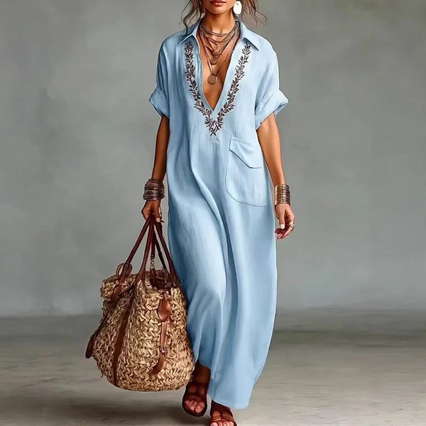 Women's Bohemian Loose-Fit Maxi Dress with V-Neckline