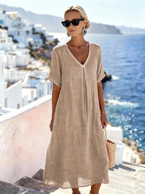 Vestido midi informal holgado para mujer con escote en V