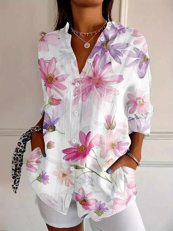 Blusa de manga larga con botones y estampado para mujer