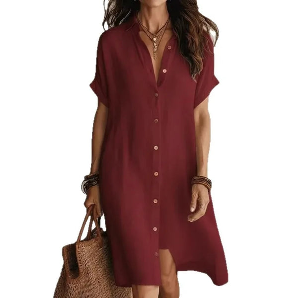Women's Short Sleeve Button-Down Bohemian Midi Dress