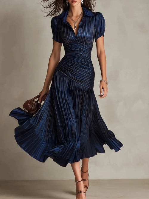 Women's Ruched Waist Flowy Pleated Midi Dress