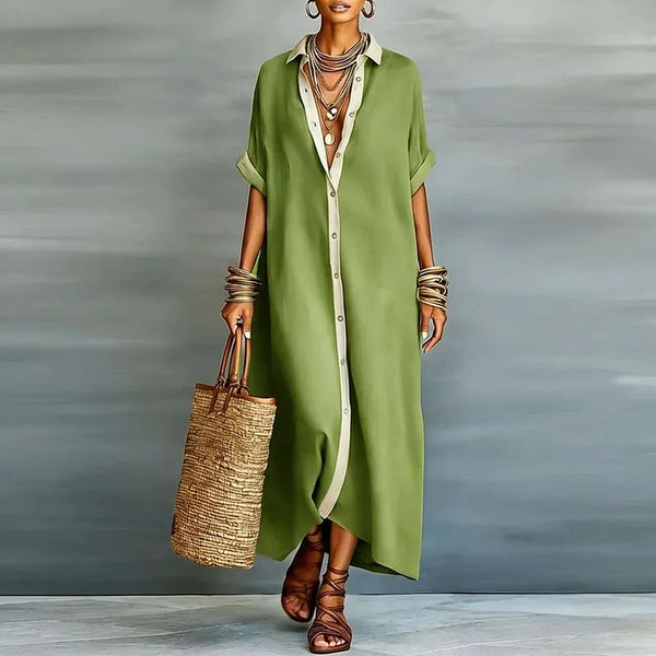 Women's Short Sleeve Button-Down Shirt Maxi Dress