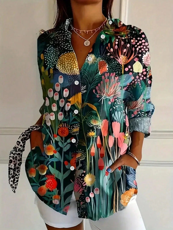 Blusa de manga larga con botones y estampado para mujer