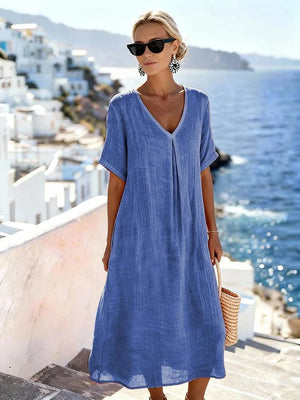 Vestido midi informal holgado para mujer con escote en V