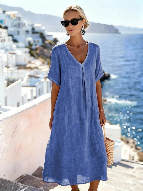 Vestido midi informal holgado para mujer con escote en V