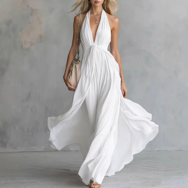 Women's Bohemian Halter  Maxi Dress with Deep V-Neckline