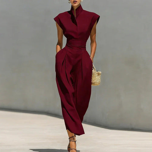 Vestido midi para mujer con cuello alto y bolsillos