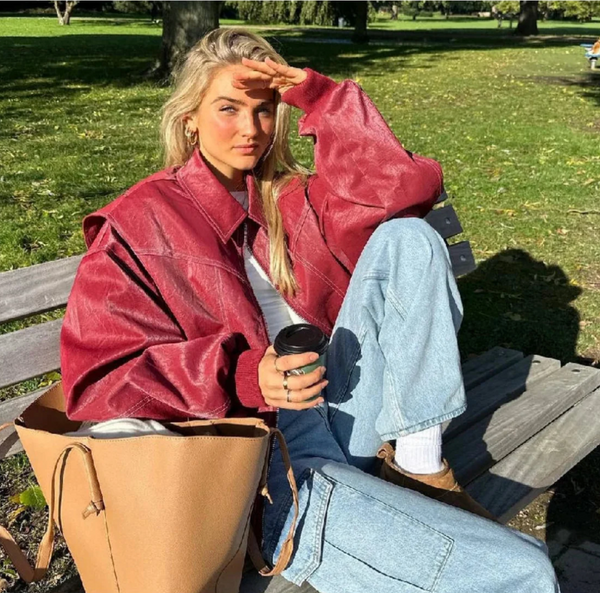 Women's Oversized Faux Leather Bomber Jacket
