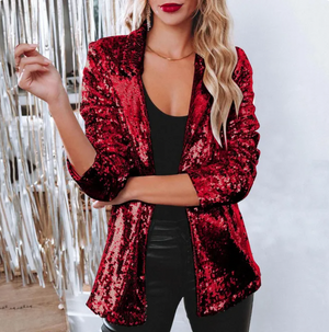 Blazer de lentejuelas para mujer con abertura frontal para un estilo glamuroso
