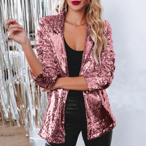 Blazer de lentejuelas para mujer con abertura frontal para un estilo glamuroso