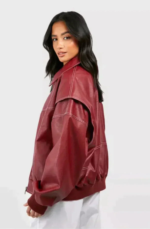 Women's Oversized Faux Leather Bomber Jacket
