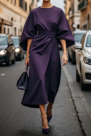 Women’s Elegant Batwing Sleeve Waist Tie Midi Dress