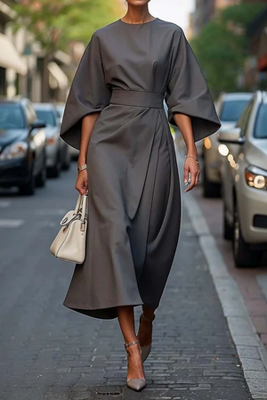 Women’s Elegant Batwing Sleeve Waist Tie Midi Dress