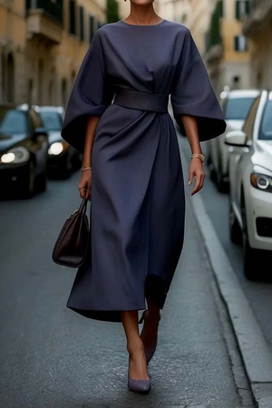 Women’s Elegant Batwing Sleeve Waist Tie Midi Dress