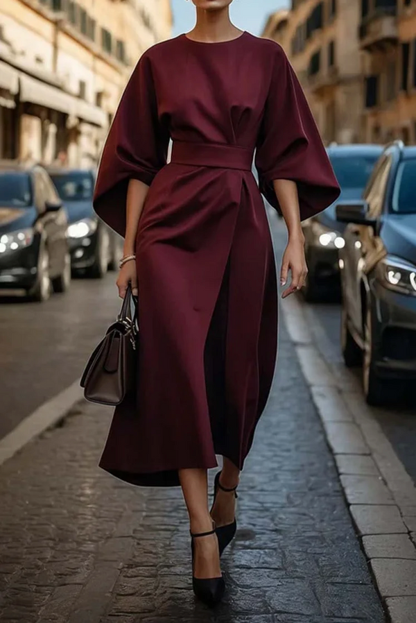 Women’s Elegant Batwing Sleeve Waist Tie Midi Dress