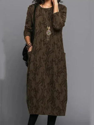 Women's Vintage Jacquard Long Sleeve Midi Dress