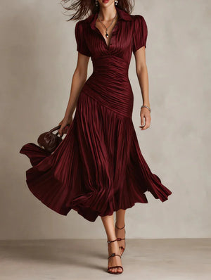 Women's Ruched Waist Flowy Pleated Midi Dress