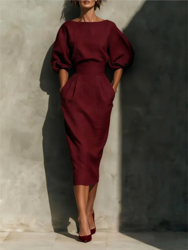 Women's Midi Dress with Cinched Waist and Puff Sleeves