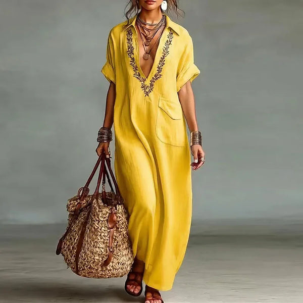 Women's Bohemian Loose-Fit Maxi Dress with V-Neckline