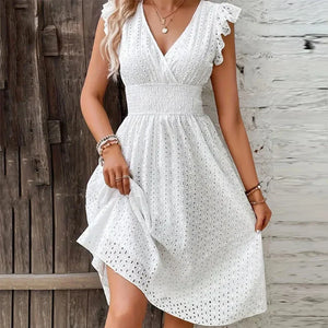 Vestido de Verano con Escote en V y Ojetes para Mujer