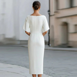 Vestido midi entallado y elegante con escote barco para mujer
