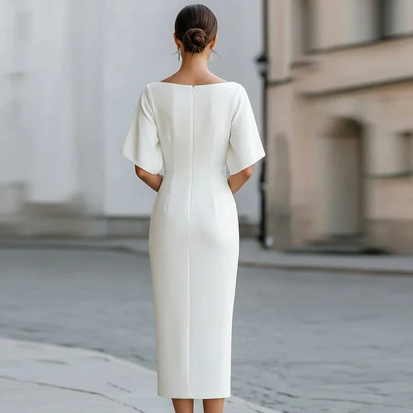 Vestido midi entallado y elegante con escote barco para mujer