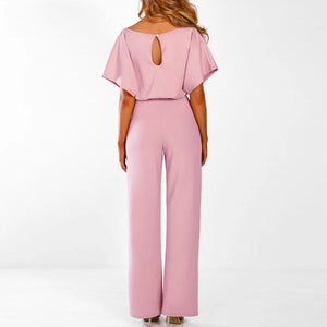 Belted Wide Leg Short Sleeve Women's Jumpsuit
