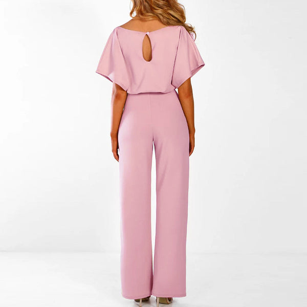 Belted Wide Leg Short Sleeve Women's Jumpsuit